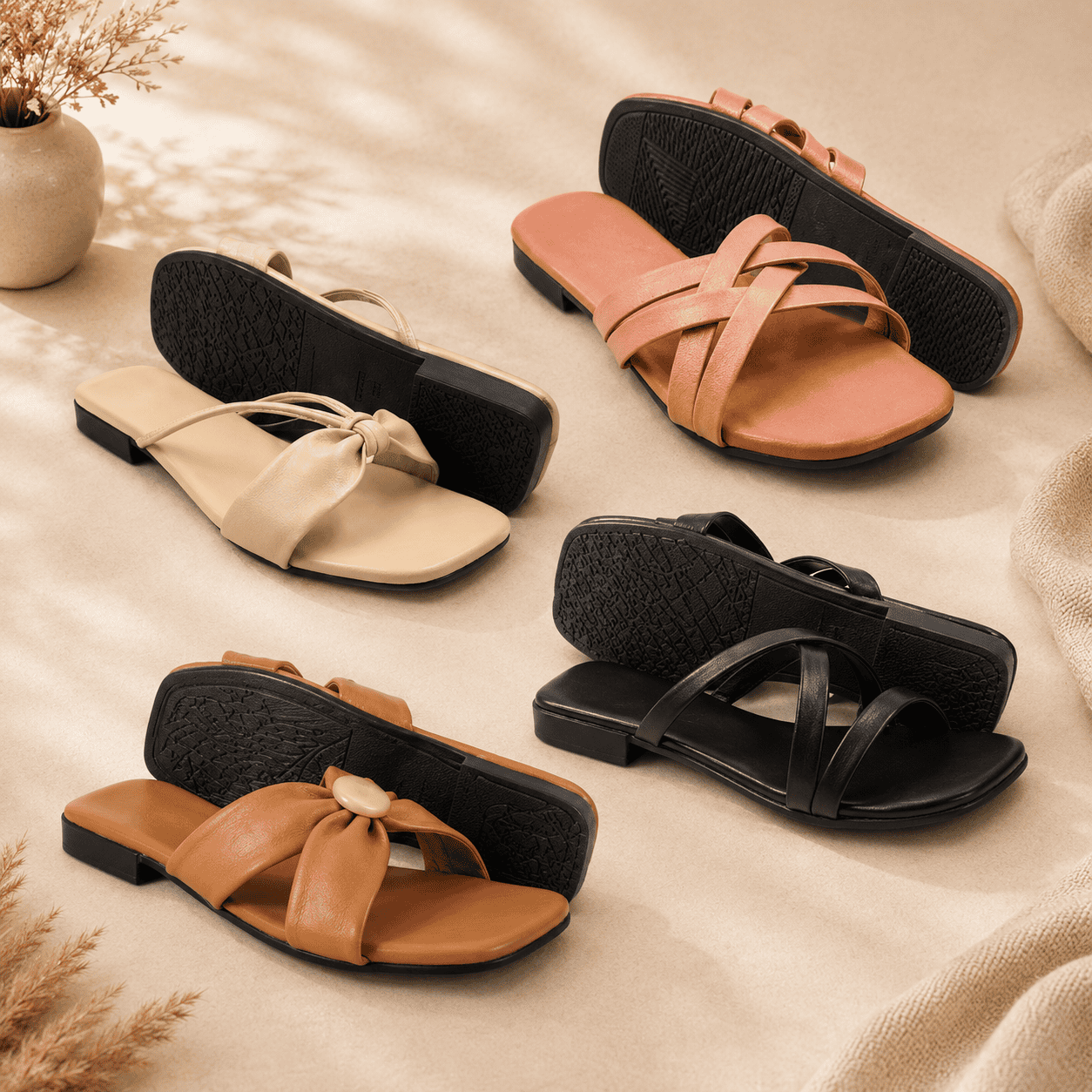 Pack of 4 Women Comfort Flat Sandals | Soft Bottom Daily Wear Sandals Combo | Fancy Flats for Ladies