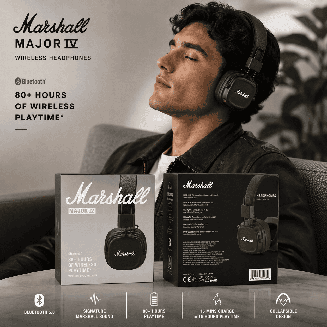 Marshall Major IV | Powerful Bass & Crystal-Clear Wireless Audio(First Copy)