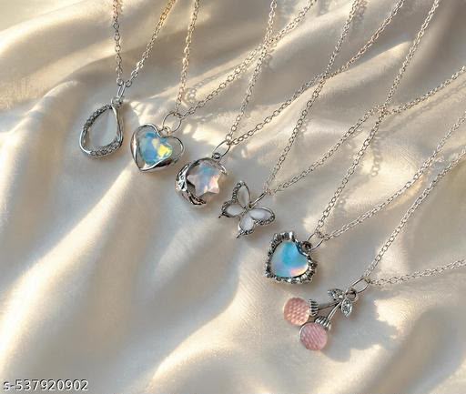 Pack Of 6 Classy Trendy Aesthetic Silver AD Charm Pendant Necklace Set For Women And Girls . | Accessories | Gift | Korean | Minimal | Neckpiece | Aesthetic Jewellery | Trendy Pinteresty Necklaces