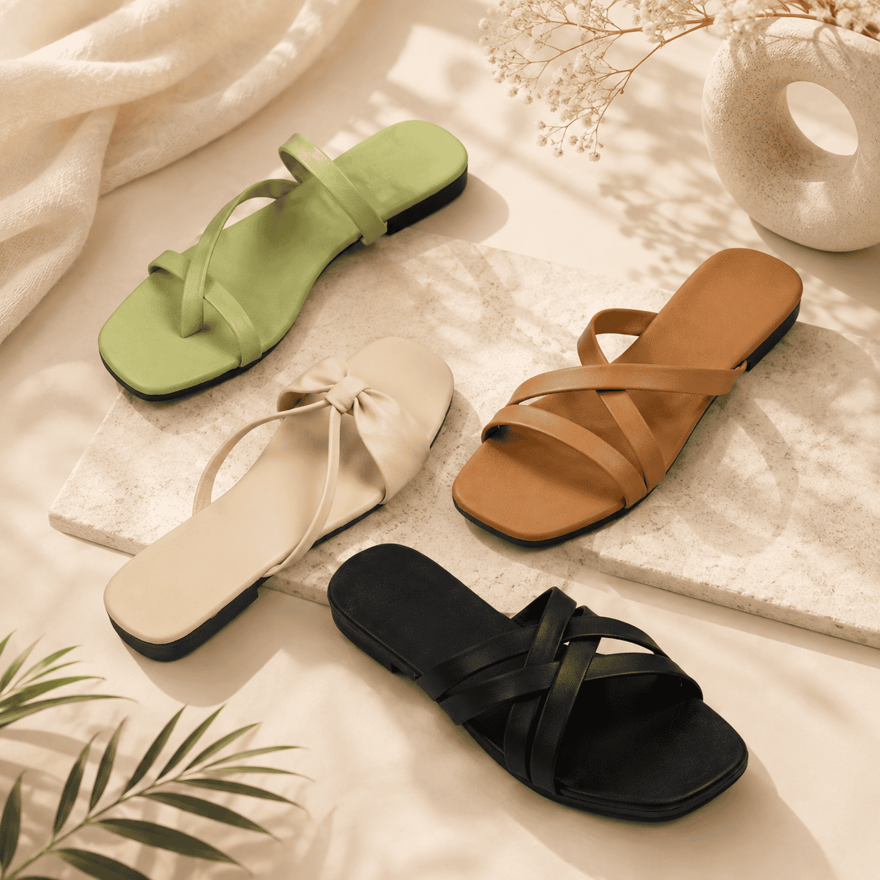 Women's 4 in 1 Multicolour Flat Sandals Combo | Stylish Daily Use Slides | Soft & Comfortable Ladies Footwear Pack (Black, Tan, Green, Beige)