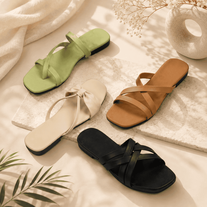 Women's 4 in 1 Multicolour Flat Sandals Combo | Stylish Daily Use Slides | Soft & Comfortable Ladies Footwear Pack (Black, Tan, Green, Beige)