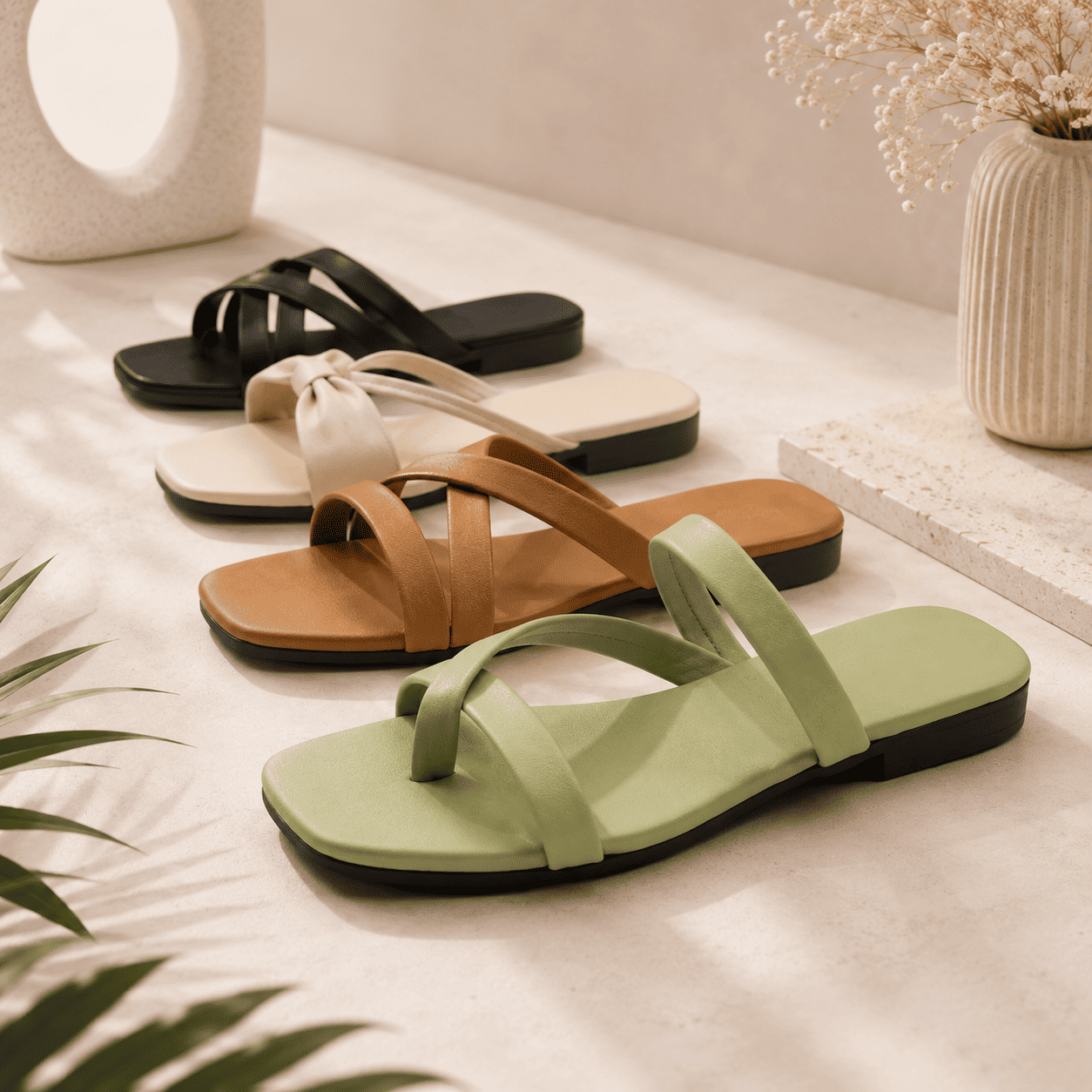 Women's 4 in 1 Multicolour Flat Sandals Combo | Stylish Daily Use Slides | Soft & Comfortable Ladies Footwear Pack (Black, Tan, Green, Beige)