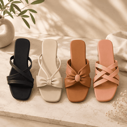 Pack of 4 Women Comfort Flat Sandals | Soft Bottom Daily Wear Sandals Combo | Fancy Flats for Ladies