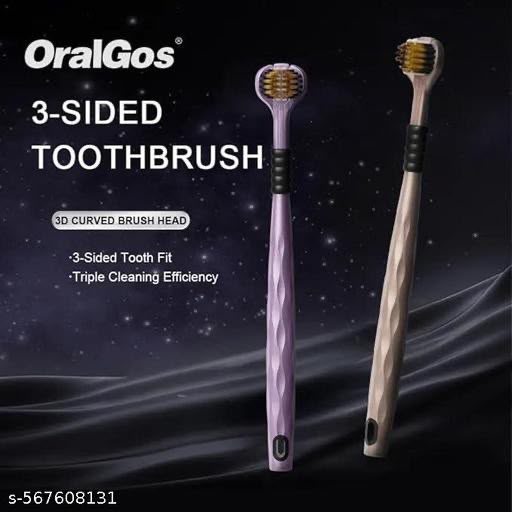 Innovative 3-Sided Toothbrush with Soft Carbon Bristles & Dual-Action Tongue Cleaner | Full-Mouth Coverage Manual Toothbrush for Sensitive Teeth & Gums | Quick Clean Ergonomic Brush | Pack of 2 (Assorted Colors)