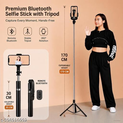 Selfie Stick R1-L (Large) with Wireless Remote and Tripod Stand, Portable, Lightweight, Compatible with All Mobiles (black)