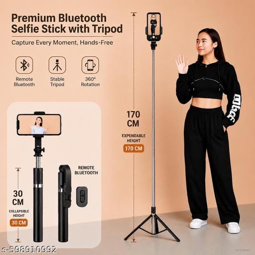 Selfie Stick R1-L (Large) with Wireless Remote and Tripod Stand, Portable, Lightweight, Compatible with All Mobiles (black)