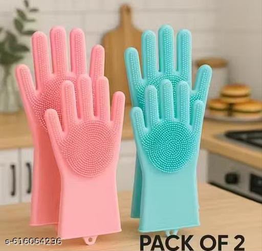 Reusable Silicone Scrubber Cleaning Gloves for Kitchen Dishwashing, Car & Pet – Heat Resistant Hand Gloves for Women & Men (Pack of 2 Pair)