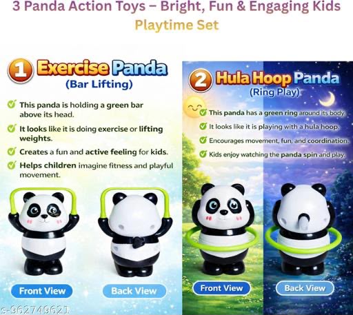QAVANS Cute Panda Toy Set 3PCS for Kids | Wobbling Panda with Skateboard, Rope Jump & Ring | Fun Cartoon Play Toys (3+ Years)