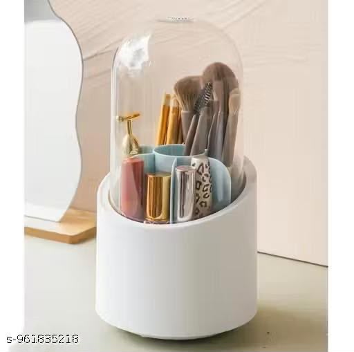 360° Rotating Makeup Brush Organizer with Clear Dustproof & Waterproof Dome Cover | Spinning Cosmetic Storage Holder for Vanity Countertop