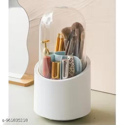 360° Rotating Makeup Brush Organizer with Clear Dustproof & Waterproof Dome Cover | Spinning Cosmetic Storage Holder for Vanity Countertop