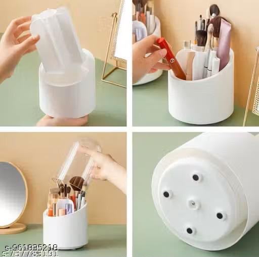 360° Rotating Makeup Brush Organizer with Clear Dustproof & Waterproof Dome Cover | Spinning Cosmetic Storage Holder for Vanity Countertop