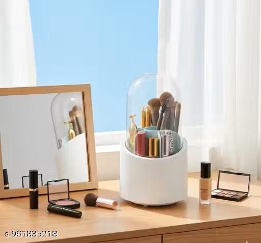 360° Rotating Makeup Brush Organizer with Clear Dustproof & Waterproof Dome Cover | Spinning Cosmetic Storage Holder for Vanity Countertop