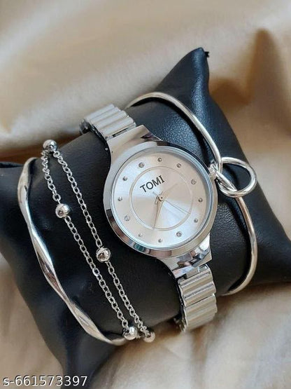 Stainless silver Watches Analog Silver Band and Round Dial Women's Watch for Girls with Stylish Watches Party Wear Watch & Stack Women's Watch for Girls with Stylish Watches Party Wear Watch & 2 Bracelet (Pack of 4 )