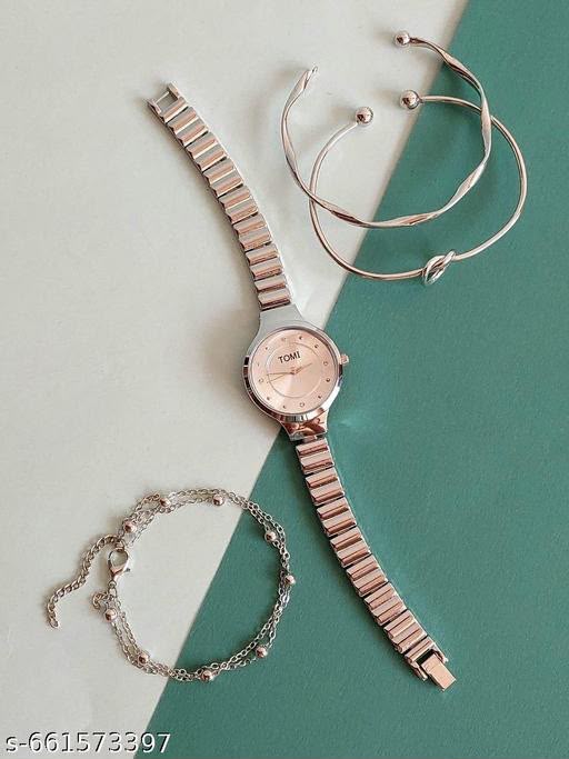 Stainless silver Watches Analog Silver Band and Round Dial Women's Watch for Girls with Stylish Watches Party Wear Watch & Stack Women's Watch for Girls with Stylish Watches Party Wear Watch & 2 Bracelet (Pack of 4 )