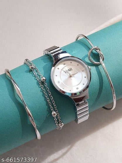Stainless silver Watches Analog Silver Band and Round Dial Women's Watch for Girls with Stylish Watches Party Wear Watch & Stack Women's Watch for Girls with Stylish Watches Party Wear Watch & 2 Bracelet (Pack of 4 )