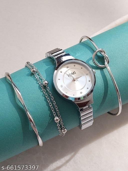Stainless silver Watches Analog Silver Band and Round Dial Women's Watch for Girls with Stylish Watches Party Wear Watch & Stack Women's Watch for Girls with Stylish Watches Party Wear Watch & 2 Bracelet (Pack of 4 )