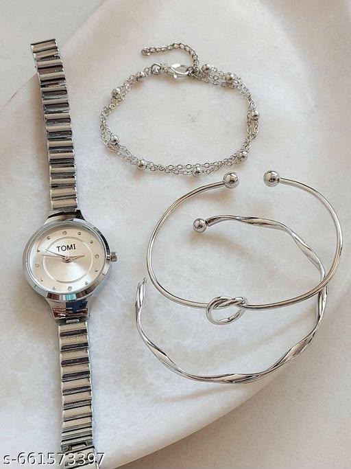 Stainless silver Watches Analog Silver Band and Round Dial Women's Watch for Girls with Stylish Watches Party Wear Watch & Stack Women's Watch for Girls with Stylish Watches Party Wear Watch & 2 Bracelet (Pack of 4 )