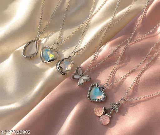 Pack Of 6 Classy Trendy Aesthetic Silver AD Charm Pendant Necklace Set For Women And Girls . | Accessories | Gift | Korean | Minimal | Neckpiece | Aesthetic Jewellery | Trendy Pinteresty Necklaces