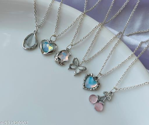 Pack Of 6 Classy Trendy Aesthetic Silver AD Charm Pendant Necklace Set For Women And Girls . | Accessories | Gift | Korean | Minimal | Neckpiece | Aesthetic Jewellery | Trendy Pinteresty Necklaces