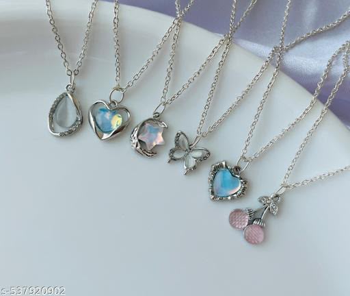 Pack Of 6 Classy Trendy Aesthetic Silver AD Charm Pendant Necklace Set For Women And Girls . | Accessories | Gift | Korean | Minimal | Neckpiece | Aesthetic Jewellery | Trendy Pinteresty Necklaces
