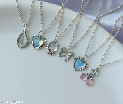 Pack Of 6 Classy Trendy Aesthetic Silver AD Charm Pendant Necklace Set For Women And Girls . | Accessories | Gift | Korean | Minimal | Neckpiece | Aesthetic Jewellery | Trendy Pinteresty Necklaces