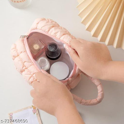 Light Pink Premium Puffy Quilted Korean style Makeup pouches Makeup Bag Big Size Makeup Bags and Cases for Travel Cosmetic Bag Pouch Organizer Makeup Kit Box, Toiletry Travel organiser Pouch, Pencil Pouch for kids