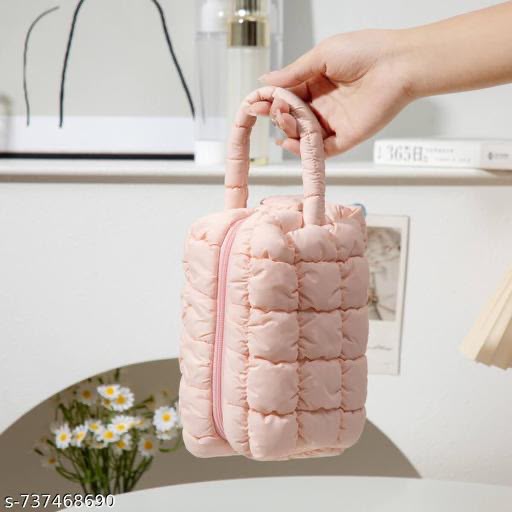 Light Pink Premium Puffy Quilted Korean style Makeup pouches Makeup Bag Big Size Makeup Bags and Cases for Travel Cosmetic Bag Pouch Organizer Makeup Kit Box, Toiletry Travel organiser Pouch, Pencil Pouch for kids