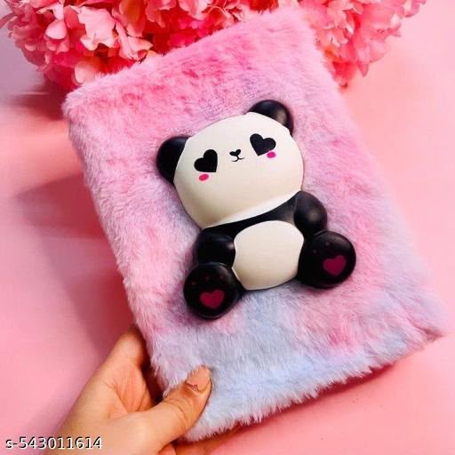 3D Squishy Plus Fur Destress Panda Notebook Diary,, Fancy Panda Diary Notepad, Diary for Girls Stylish-Ruled 120+ Pages (Pack of 1)