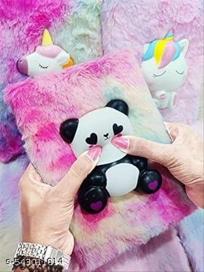 3D Squishy Plus Fur Destress Panda Notebook Diary,, Fancy Panda Diary Notepad, Diary for Girls Stylish-Ruled 120+ Pages (Pack of 1)