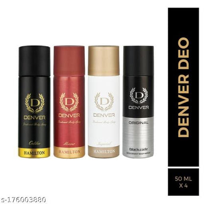 DENVER Black Code, Caliber, Honour & Imperial Nano Travel Size Pack Deo Perfume Body Spray - For Men (50ml X 4 )| Long Lasting Deodorant