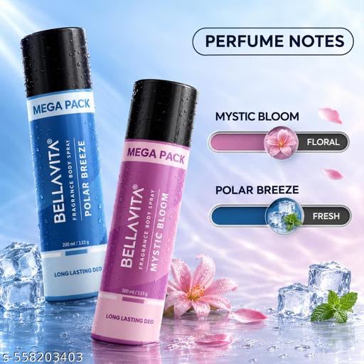 Bella Vita Unisex Mystic Bloom + Polar Breeze Deo Perfume Deodorant Body Spray for Men and Women (200 ml x 2)