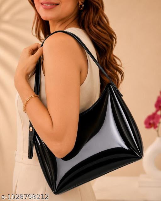 Stylish Black Patent Finish Tote Bag for Women | Fashion Shoulder Handbag with Adjustable Strap