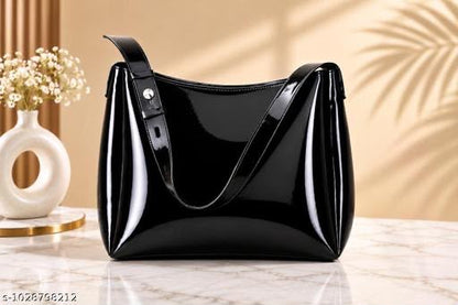 Stylish Black Patent Finish Tote Bag for Women | Fashion Shoulder Handbag with Adjustable Strap