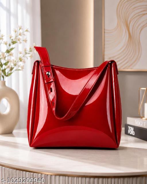 Trendy Red Glossy Tote Bag for Women | Fashion Shoulder Purse with Adjustable Strap