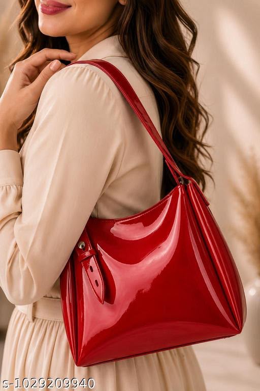 Trendy Red Glossy Tote Bag for Women | Fashion Shoulder Purse with Adjustable Strap
