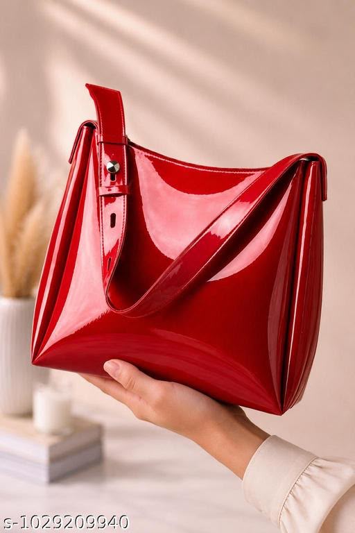 Trendy Red Glossy Tote Bag for Women | Fashion Shoulder Purse with Adjustable Strap