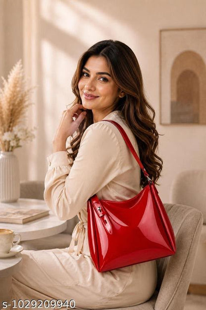 Trendy Red Glossy Tote Bag for Women | Fashion Shoulder Purse with Adjustable Strap