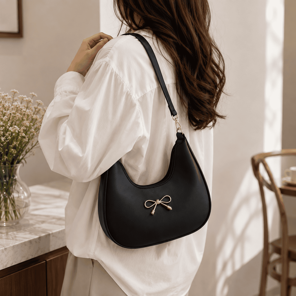 Elegant Bow Shoulder Bag – Black & Cream Duo | (Combo pack of 2)